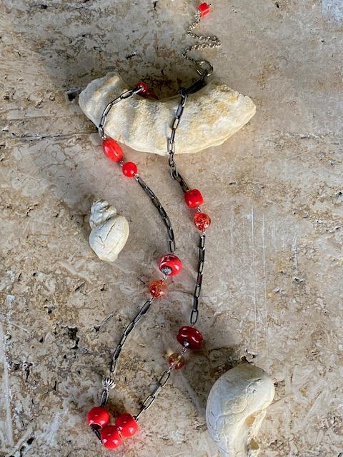 Crimson Long Beaded Chain Link Necklace